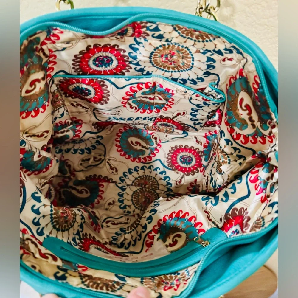 Big Buddha Turquoise Quilted Floral Glam Bag with Gold Chain Accents Luxury - Picture 5 of 16
